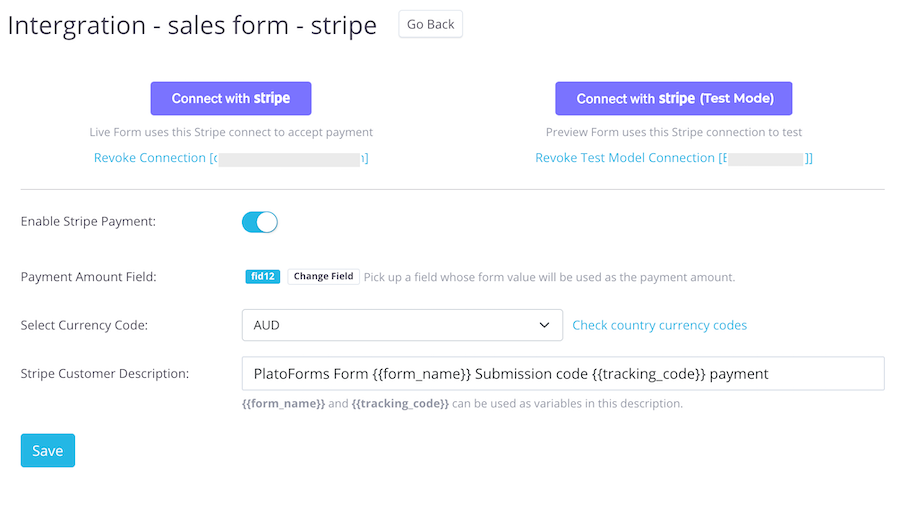 PDF form stripe integration